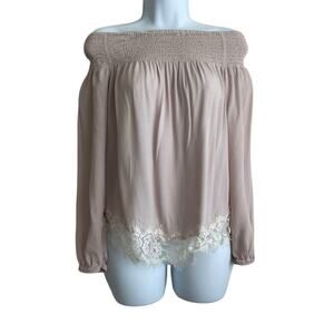 June & Hudson Women Top‎ M Rose Smocked Bodice Lace Hem Boho Cottagexore Fairy